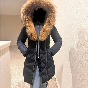 Mackage Dark Blue Puffer Coat with Brown Fox Fur